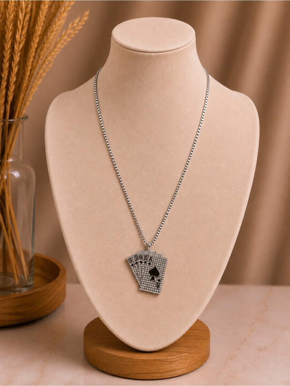 Silver Crystal Playing Cards Pendant Necklace